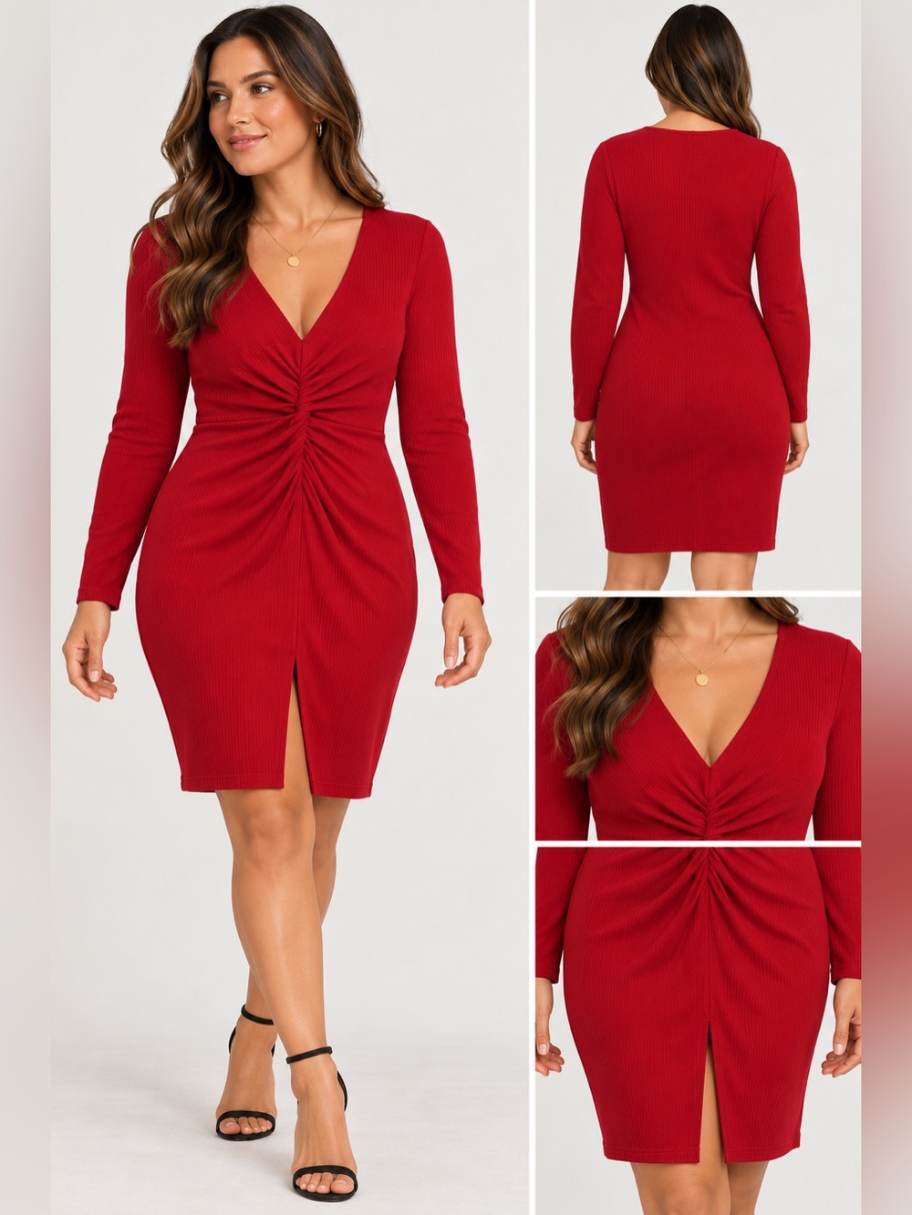 Vero Moda Red Long-Sleeve V-Neck Twist Ruched Dress